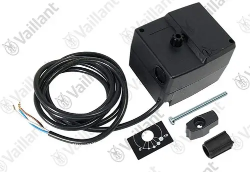 Vaillant Stellantrieb mit Kabel und Anschlussstücken, verpackt in schwarzem Gehäuse. Enthält Montageschraube und Bedienblende mit Skala.